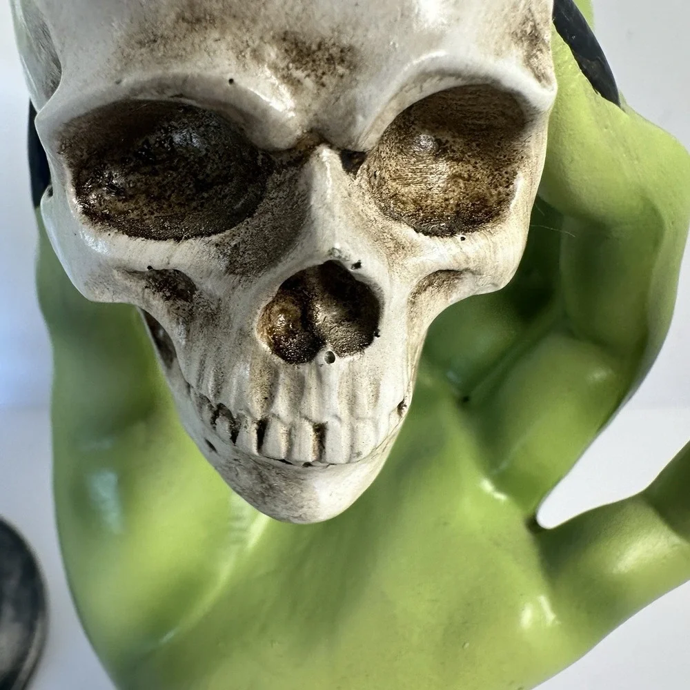 Gothic Skull Hand Taper Candle Holders Green Witch 2 Pc Halloween Decor Resin
